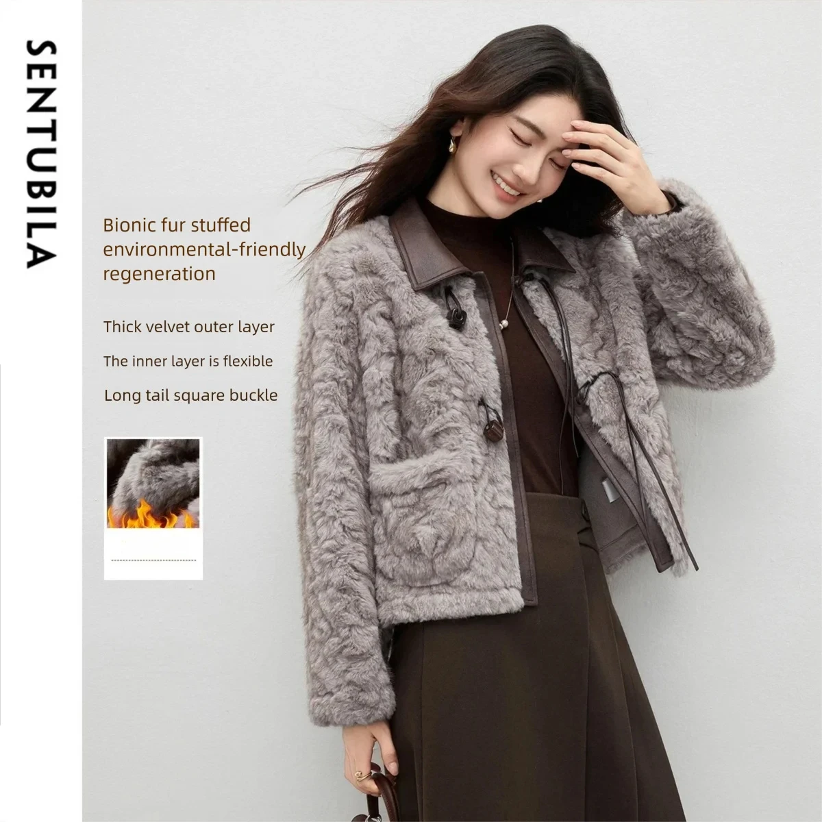 

SENTUBILA Women's Winter Jacket Faux Fur Short Coat 2026 Splicing Contrasting Leather Neck Plush Fashion Outerwear W54PD4680
