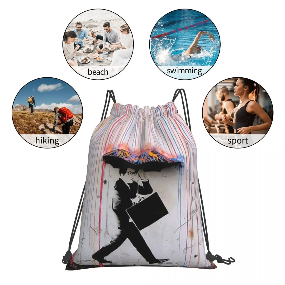 バンクシー傘レインボーハッピーガールバックパック多機能ポータブル巾着バッグスポーツバッグブックバッグ男性女性学生