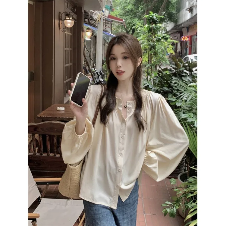 

Korean Style Casual Bubble Sleeve round Neck Apricot Color Shirt Loose Fit Fashionable Minimalist Style Women's Top
