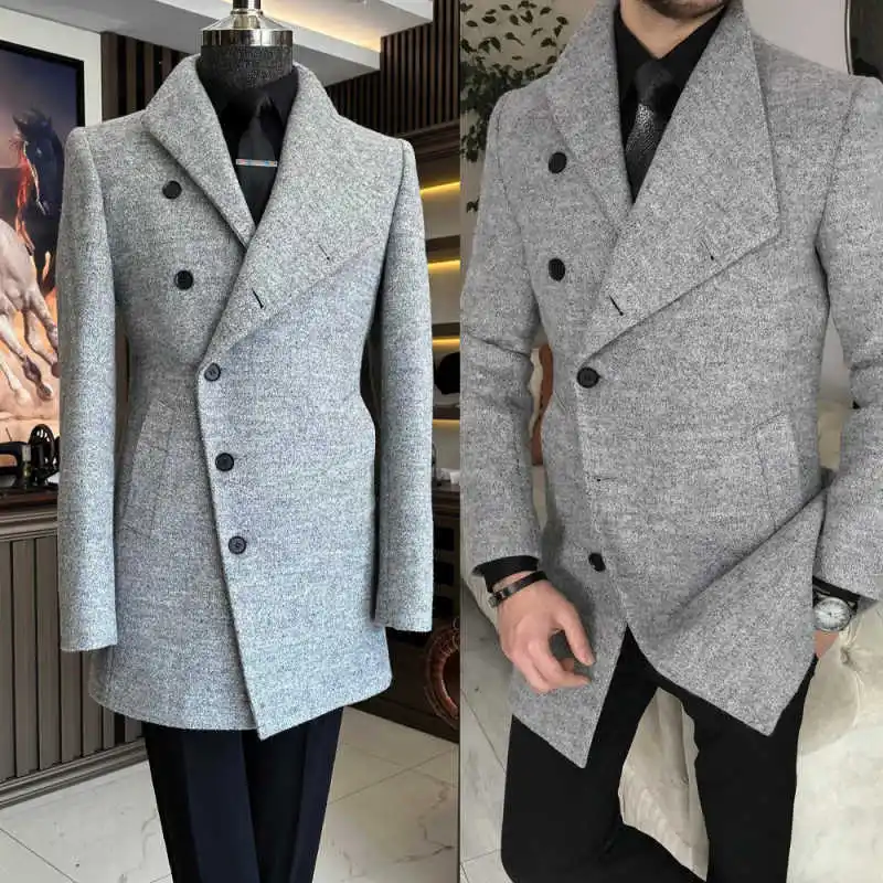 

Elegant Men Long Overcoat 1 Piece Wool Blended Blazer Single Breasted Business Party Commute Wear Coat Customized