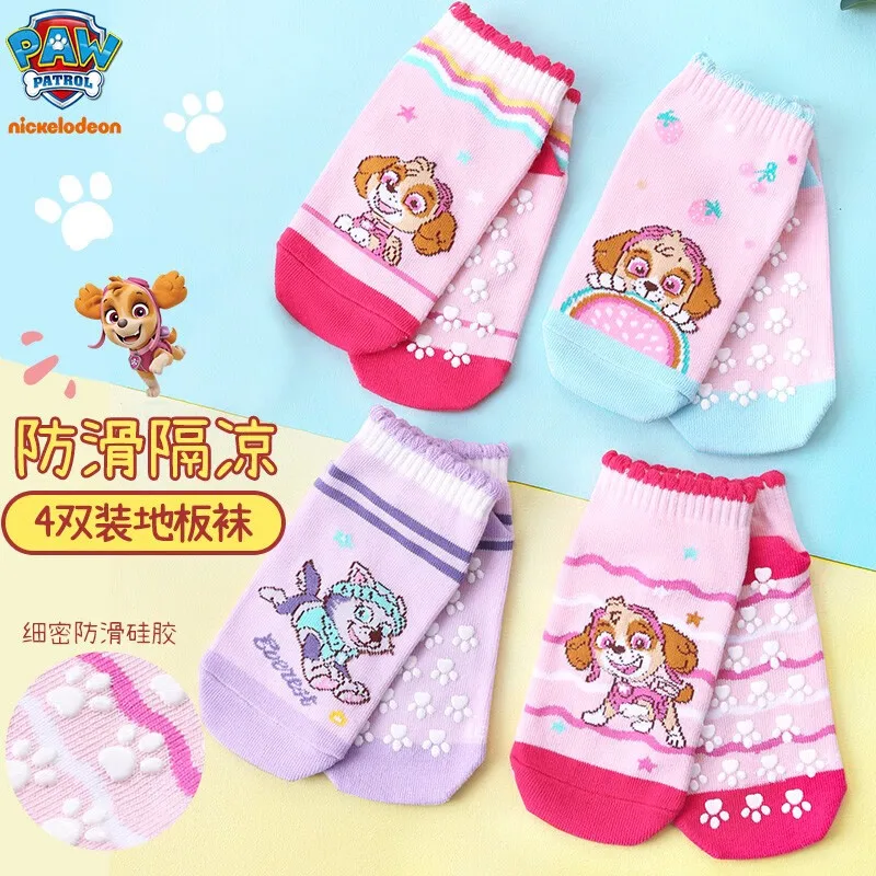 8PCS=4pairs Genuine Paw Patrol Kids Cotton Non Slip Sock Baby Socks Everest Skye Girl's Cartoon Model Children Indoor Sock