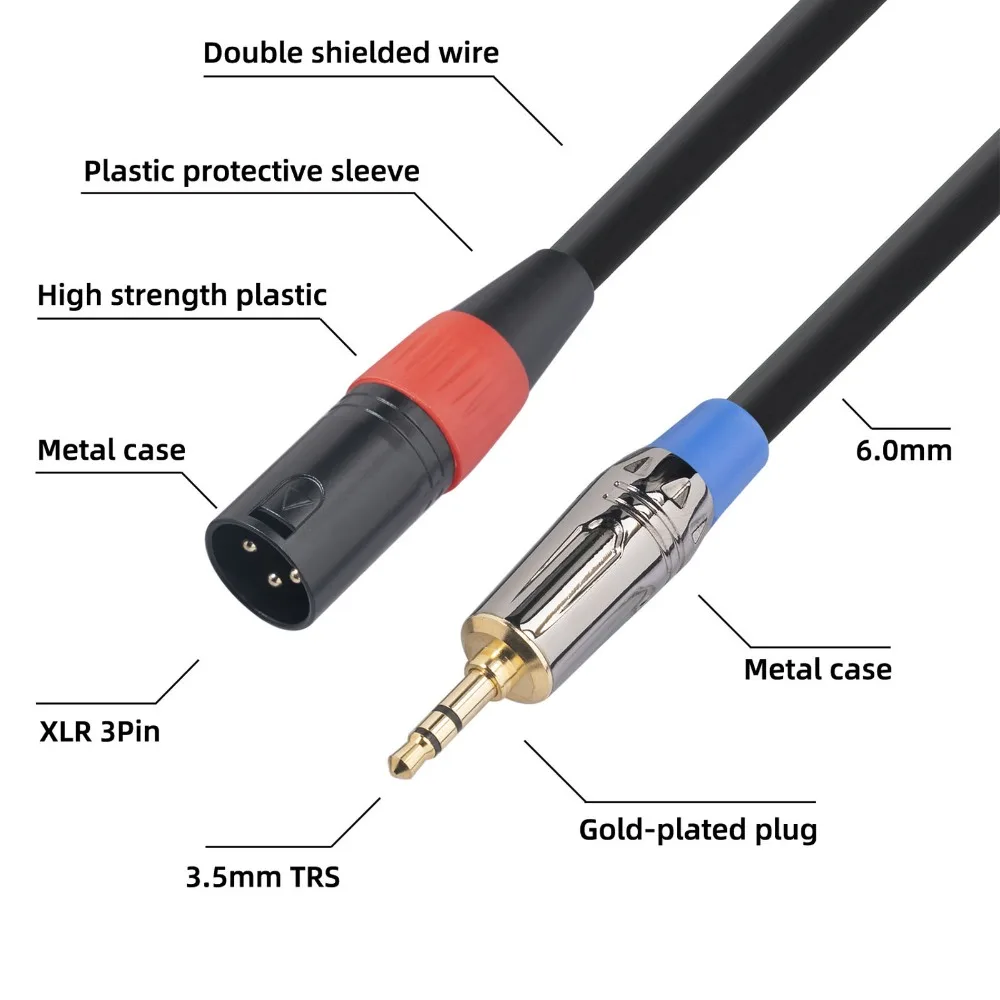 Male to Male 3PIN XLR Male to 3.5mm Cable Lossless 11.8in 3.5mm TRS to XLR Cable Noise Reduction Microphone Balanced Cord