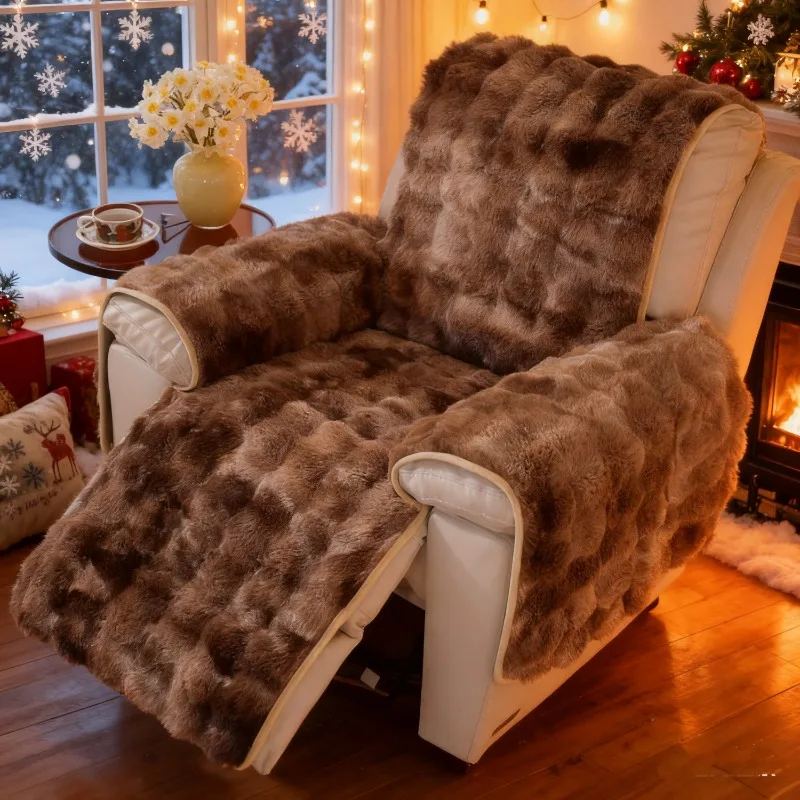 

Плотный пушистый чехол из искусственного меха для кресла-реклайнера и дивана - Нескользящий плюшевый чехол из кроличьего меха, теплый серый пушистый чехол для дивана, совместимый