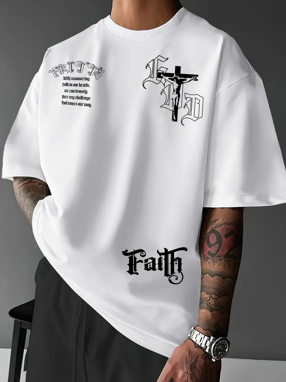American Men's Summer New Gothic Cross Letter Faith Printed Micro Elastic Breathable Round Neck T-shirt Outdoor Street Style Top