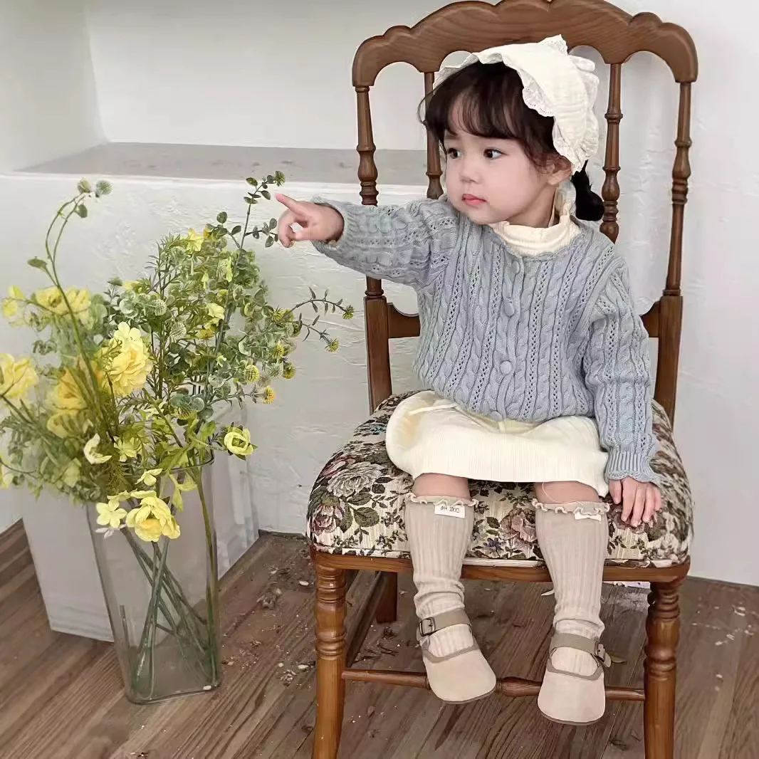 2026 Spring Casual Children Sweater Pink Cable Knit Openwork Scalloped Neck Cardigan for 6M-4T Girls Soft Kids Clothes 5 2026 Spring Casual Children Sweater Pink Cable Knit Openwork Scalloped Neck Cardigan for 6M-4T Girls Soft Kids Clothes 5