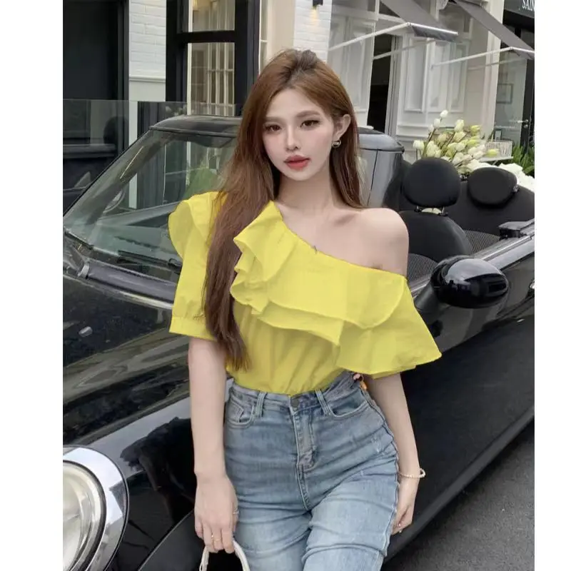 New Black Ruffles Patchwork Short Sleeve Blouse Summer New Solid Off Shoulder Y2K Shirt Tops Sexy Fashion Trend Women Clothing