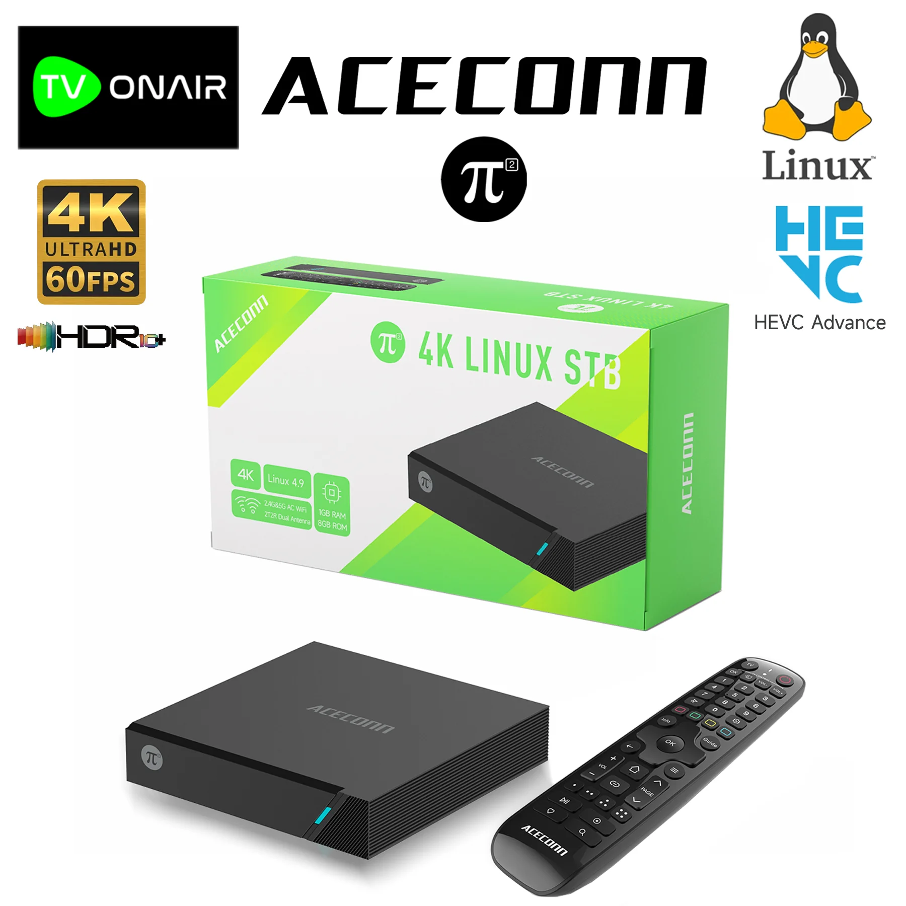 ACECONN Streaming Linux IPTV Boxes 4k 60hz HDR10+ Smart STB Player TVONAIR Dual WiFi BT OTA Remote Control Pi2 π2 TV Box