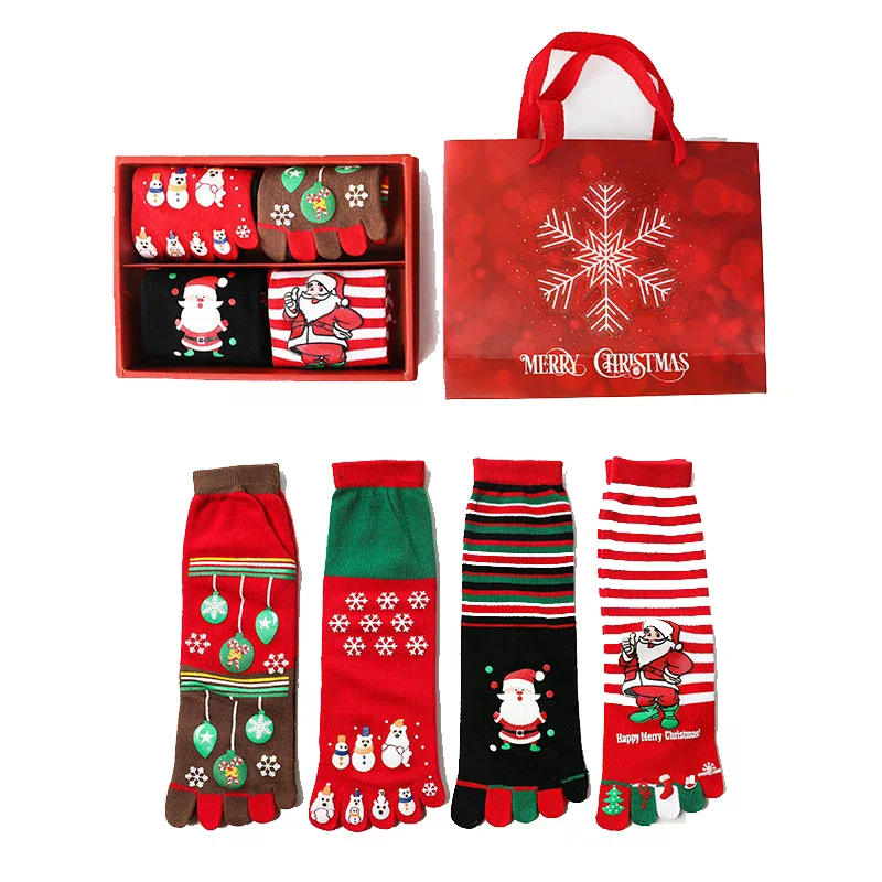 

4Pair Christmas Socks Santa Claus Snowman Print Toe Socks Novelty Five Finger Cotton Sock Unisex Separate Toes Funny Knee-High