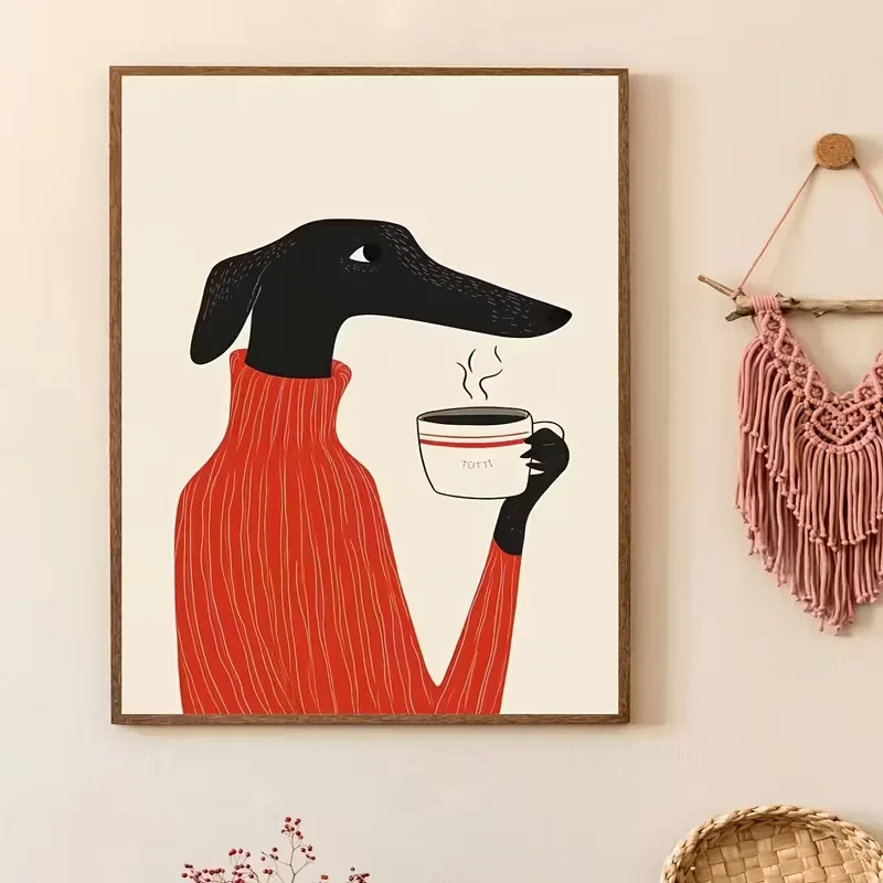 1pc Whimsical Greyhound Dog Drinking Coffee Wall Art Print - Modern Minimalist Canvas Poster, Frameless, Ideal for Living Room,