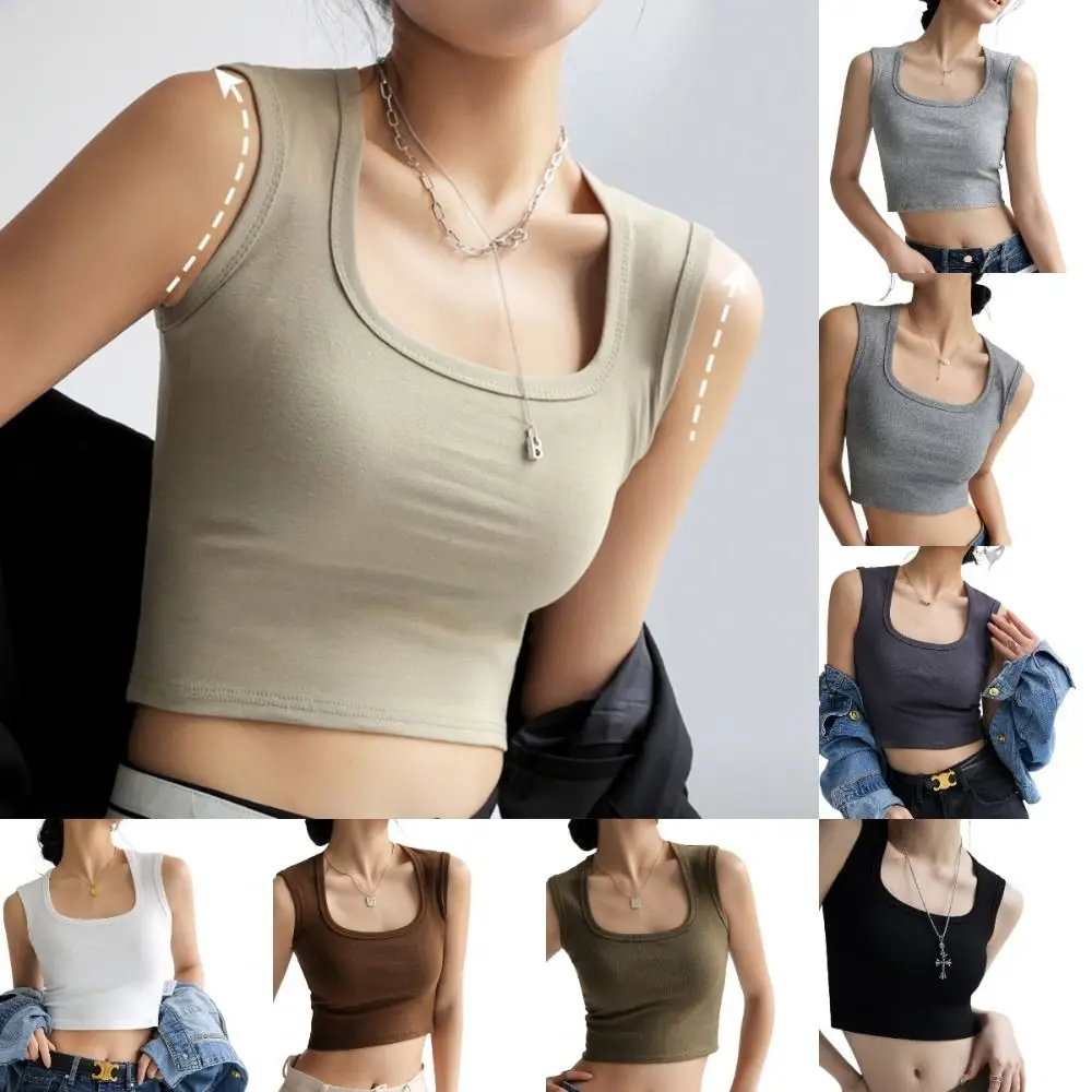 Cotton Wide Shoulder Camisole Slim Fitted Sleeveless Women's Threaded Vest Casual No Steel Ring Ribbed Knit Tank Crop Top Yoga