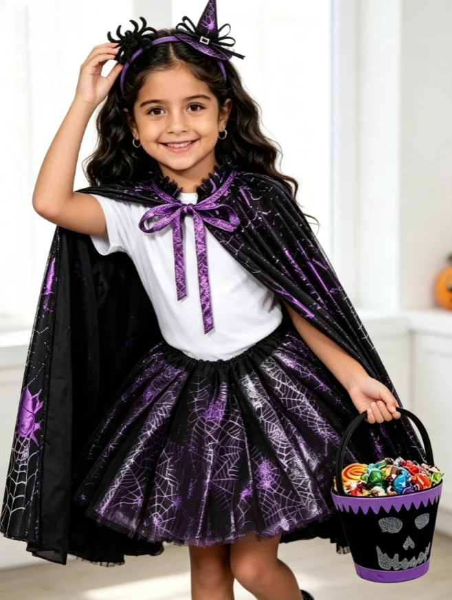 Kids Halloween Witch Spiderweb Printed Gothic Style Half-skirt Cape Set With Accessories For Themed Parties And Performance Wear