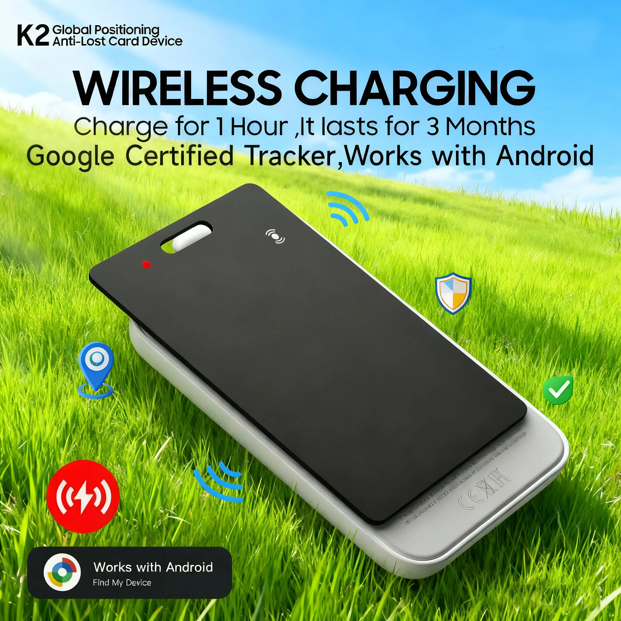 

Android Wireless Charging Waterproof GPS Locator | Works with Google Find My App (Wallet Tracker Card)