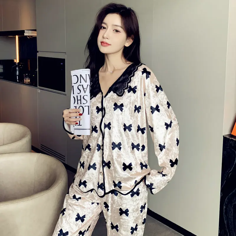 French Romantic Bow Lace Fleece Women\'s Pajamas Korean Harajuku Ins Print Lady Sleepwear 2024 New Autum Winter Y2k Lazy Home Set