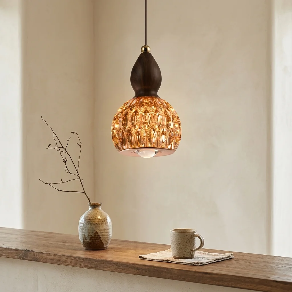 Modern Wabi Sabi LED Pendant Light Wood Grain Amber Patterned Shade Japanese Hanging Ceiling Lamp for Bedroom Island Cafe Bar