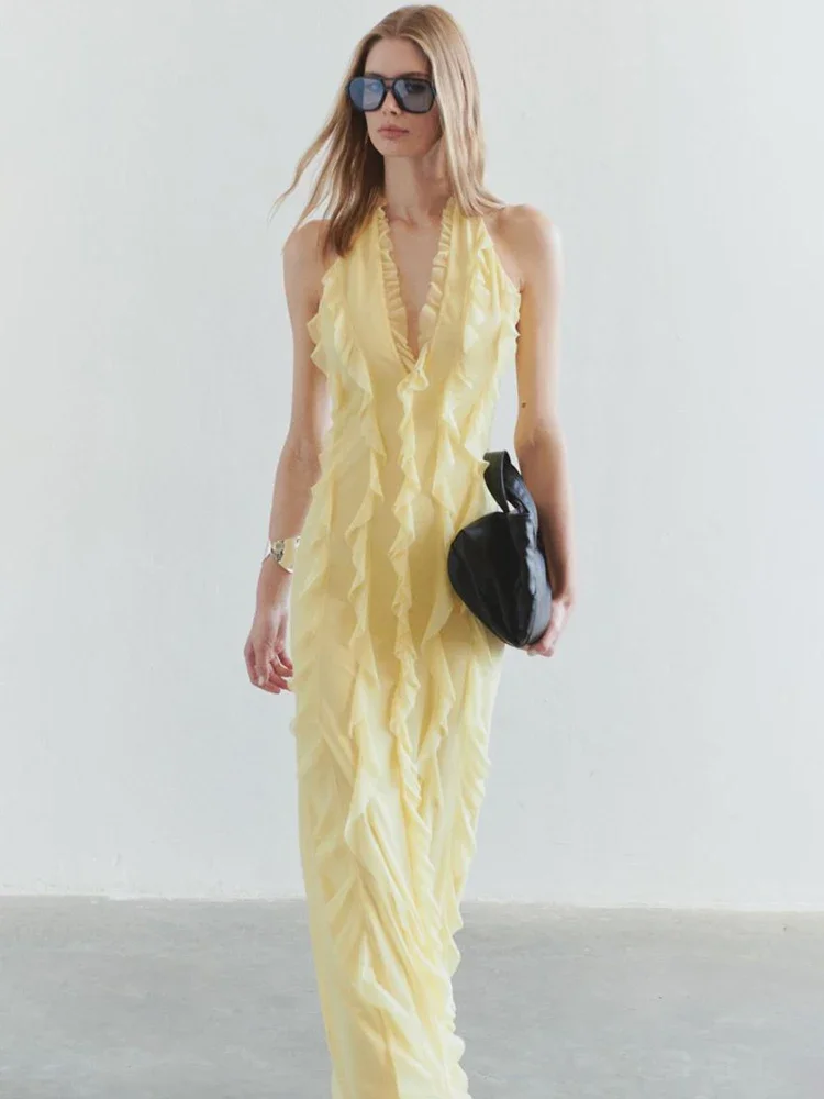 

Halter Off-shoulder Ruffle Sexy Maxi Dress Women Fashion V Neck Sleeveless Backless Bodycon Club Party Long Dress