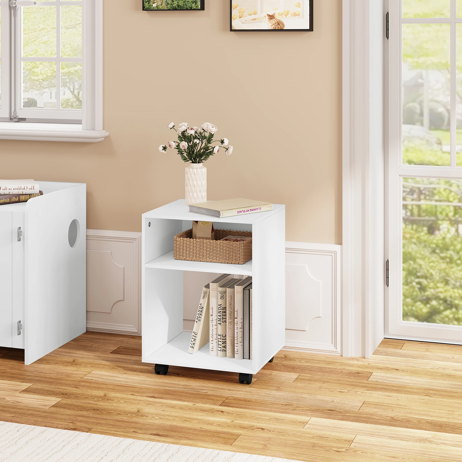 Table de chevet mobile EUGAD, table de nuit, armoire de bureau avec roulettes et freins, 2 compartiments ouverts, table d'imprimante, table basse pour chambre à coucher, salon, 40x55x35 cm