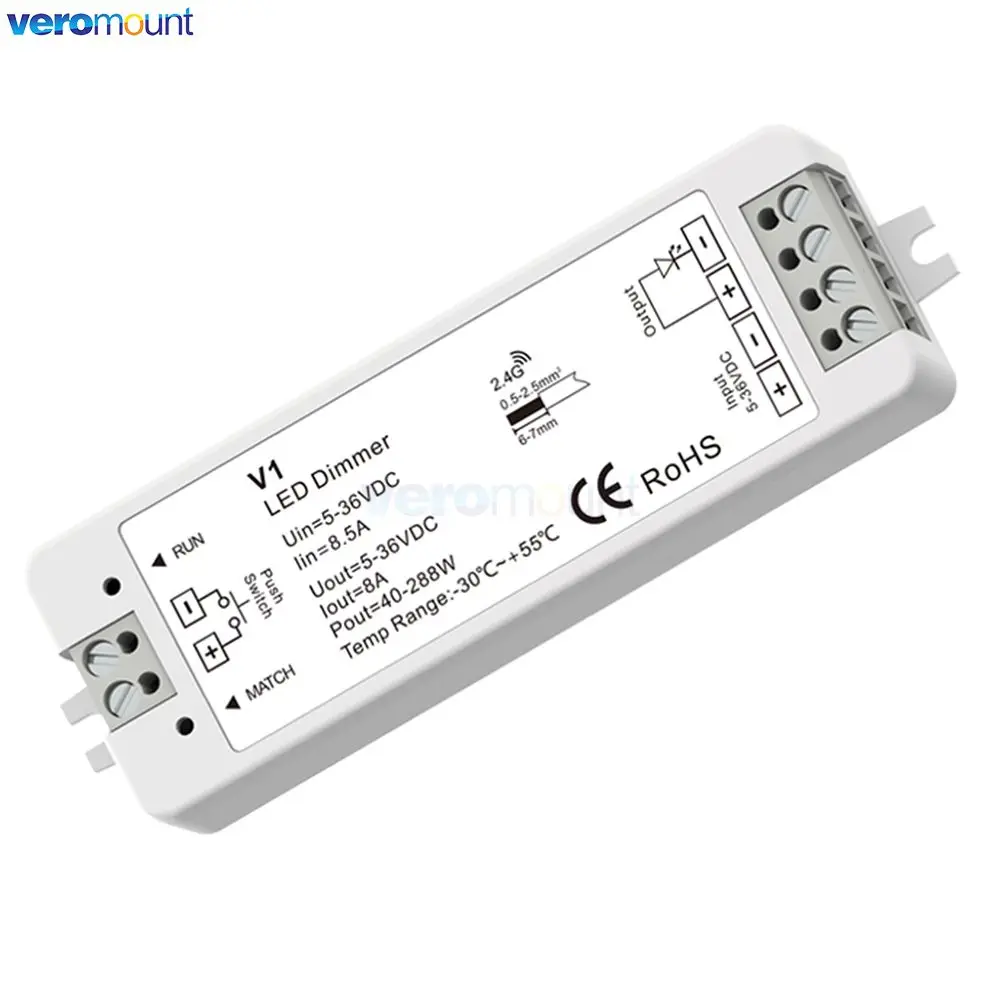 Skydance V1 2.4G Single Color RF Push Dim Dimming LED Controller DC5V 12V 24V 36V 8A Dimmer Receiver for Single Color LED Tape