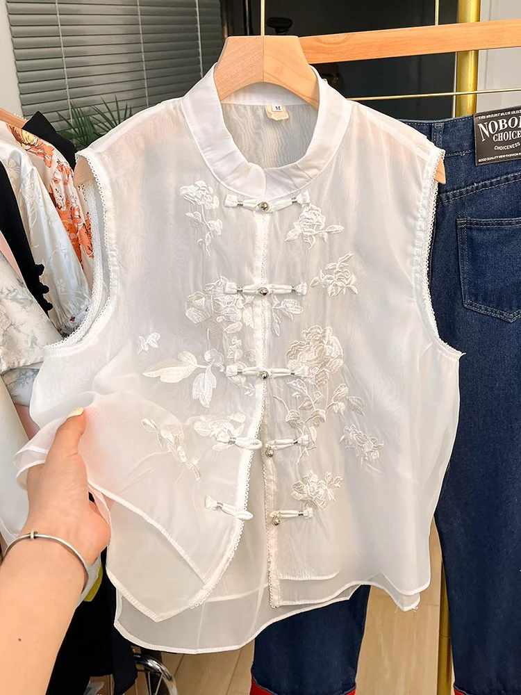 

Женский жилет с вышивкой Ele, новый летний китайский топ с пуговицами и воротником-стойкой из органзы в европейском стиле