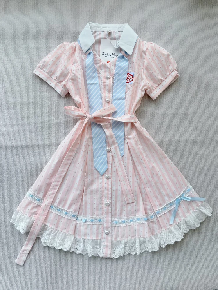 College Wind Sweet Summer New Product Design Girl Pink Dress Waist Slim First Love Dresses Fashion Kawaii Casual Striped Dress