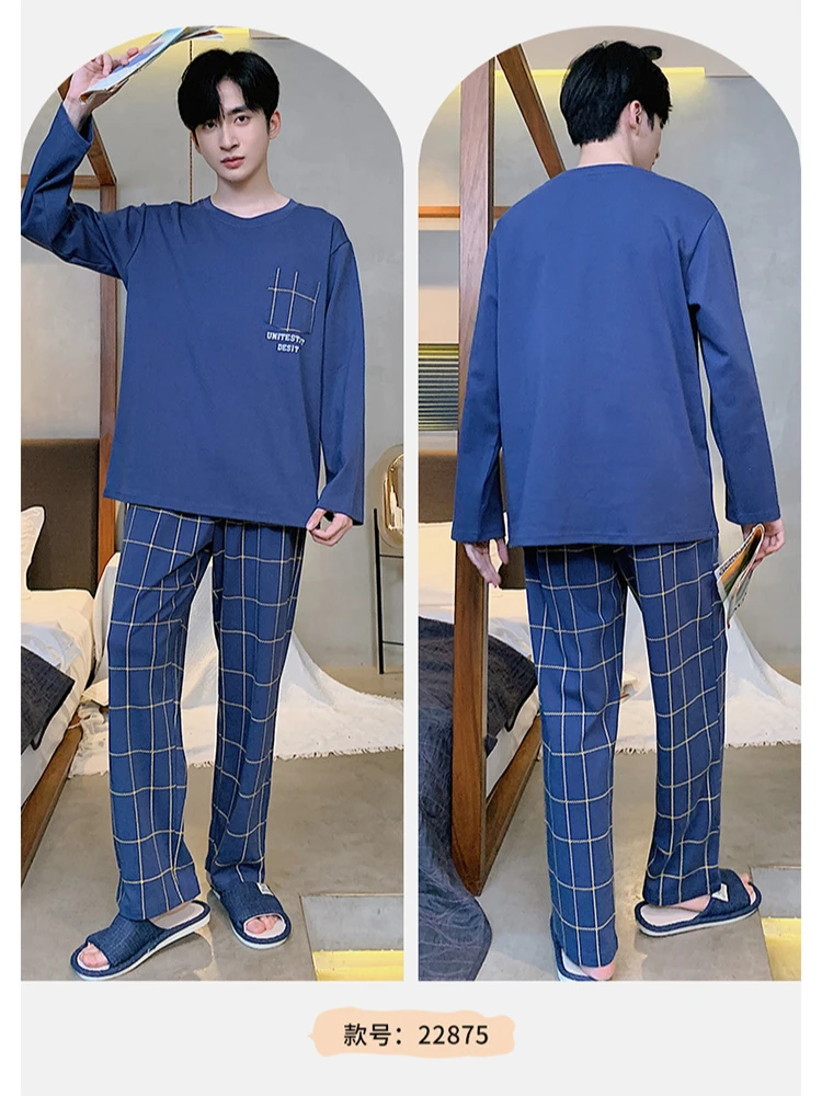 3XL Plus Size Korean Men Pajamas Set Autumn Spring Long-Sleeved Trousers Homewear Youth Nightwear Two-Piece Sleepwear Loungewear