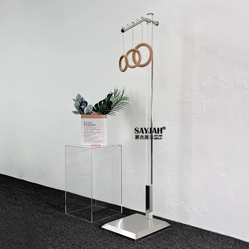 Garment store display floor acrylic island rack stainless steel blue crystal transparent clothing hanger wholesale price