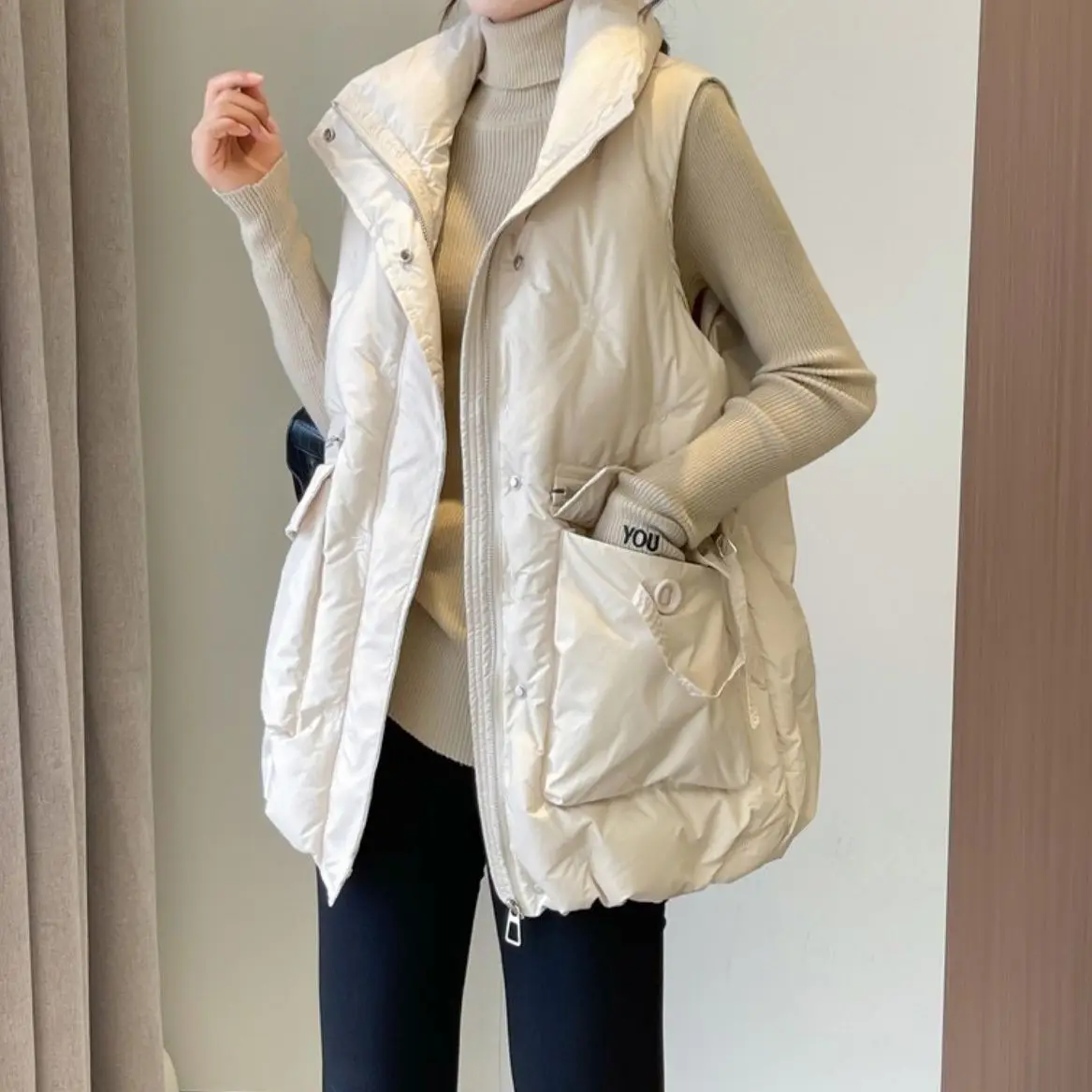 2024 Autumn Winter Women Solid Loose Vest Drawstring Stand Collar Short  Jacket Cotton Padded   Warm Waistcoat J21