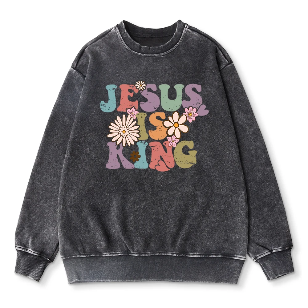 

Vintage Womans Acid Wash Hoodie Jesus Is King Colored Prints Sweatshirt Cotton Oversize Casual Pullover Couple Washed Streetwear