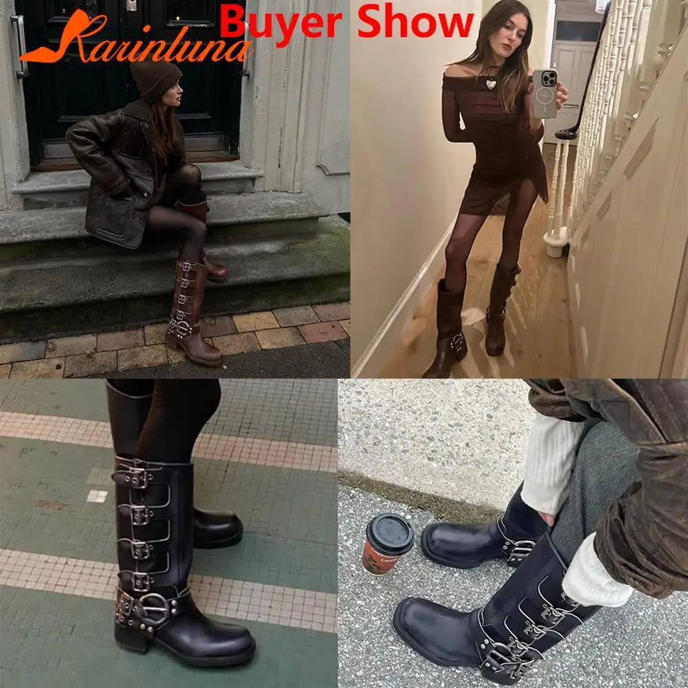 Thick High Heels Women Mid Calf Boots 2023 Hot Punk Gothic Knee High Motorcycles Boots Buckle Comfy Walking Boots Autumn Winter