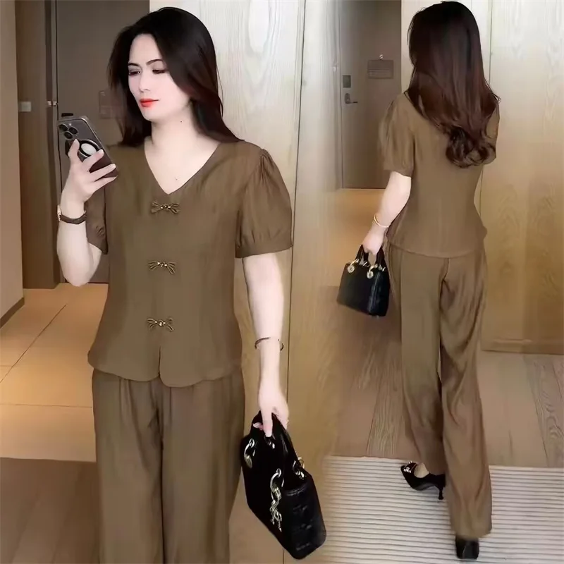 2026 New Mother Cotton Linen Sets Spring Summer Casual Large Size Thin Cardigan Tops + High Waist Straight Pant Two-piece Suits