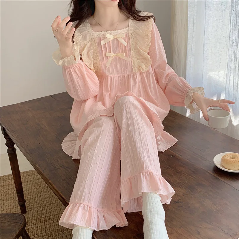 Lace Cotton Pink Cute Summer Long Sleeve Pajama Set Women Girlish Style Princess Sleepwear Solid Elegant Casual Simple Sleep Top