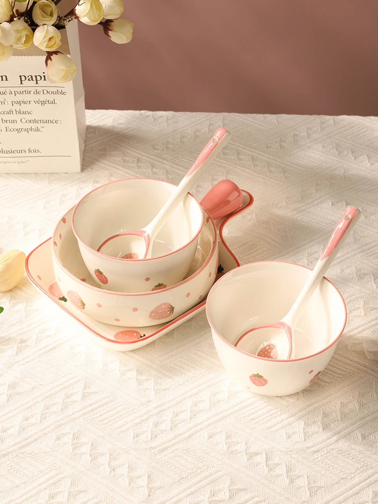 Strawberry Printed Ceramic Tableware Chic Underglaze Colored Dishes Cute Baby Japanese Style Bowl Plate Container