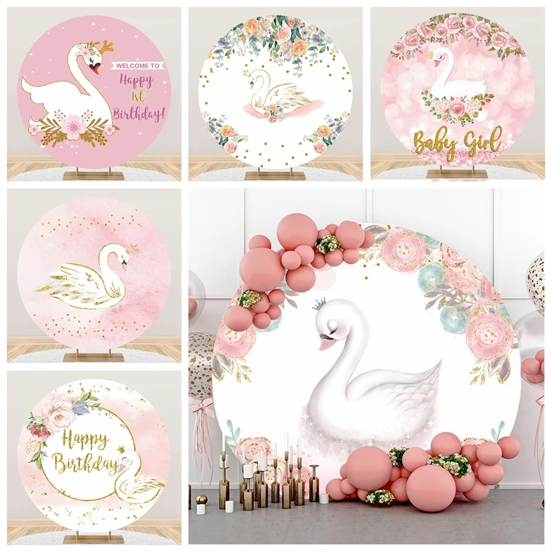 

Princess Baby Girl Birthday Swan Round Backdrop Cover Flower White Goose Party Portrait Photography Background Photo Studio