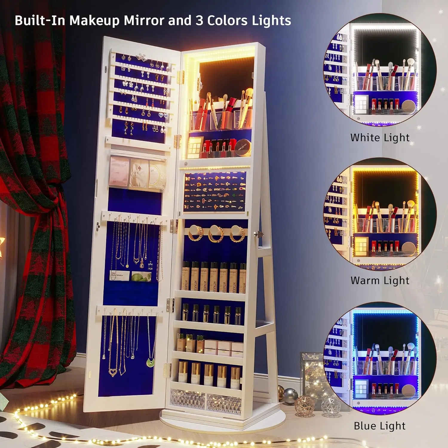 Jewelry Cabinet with LED Lights, 64" H Full Length Mirror with Jewelry Storage, Standing Jewelry Armoire with Door