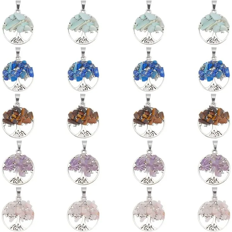 

20 Pcs Tree of Life Pendant Charms 5 Styles Natural Mixed Chip Stone Pendants Flat Round with Life Tree Charm Pendants for Neckl