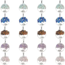20 Pcs Tree of Life Pendant Charms 5 Styles Natural Mixed Chip Stone Pendants Flat Round with Life Tree Charm Pendants for Neckl