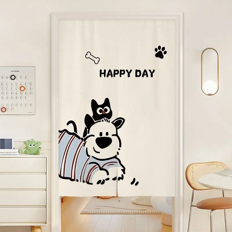 Cute Simple Drawing Dog Door Curtain, Good Luck Text, Apple Pattern, Home Use, No Punching, Room Cover, Decorative Curtain