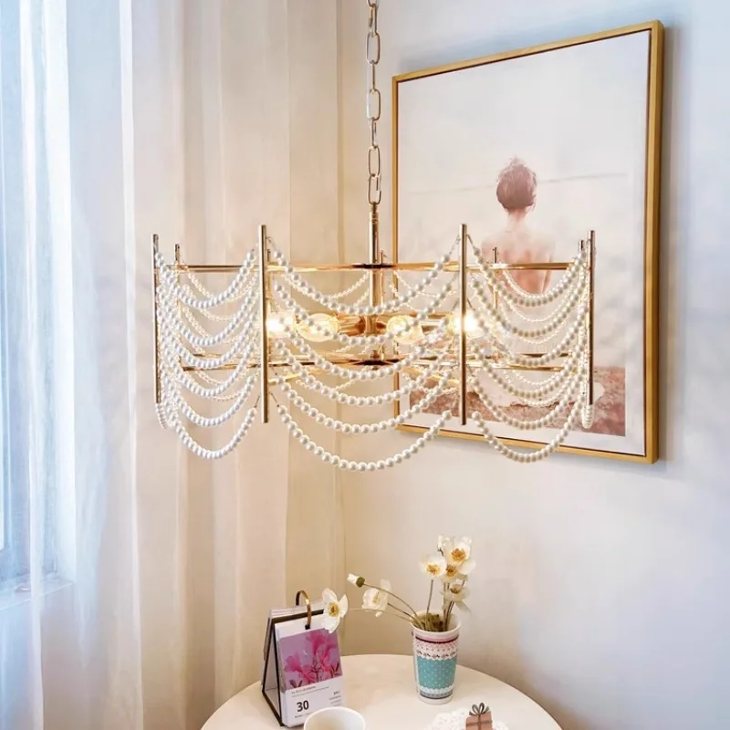 Light luxury French cream style romantic pearl chandelier American modern bedroom study living room lighting fixtures