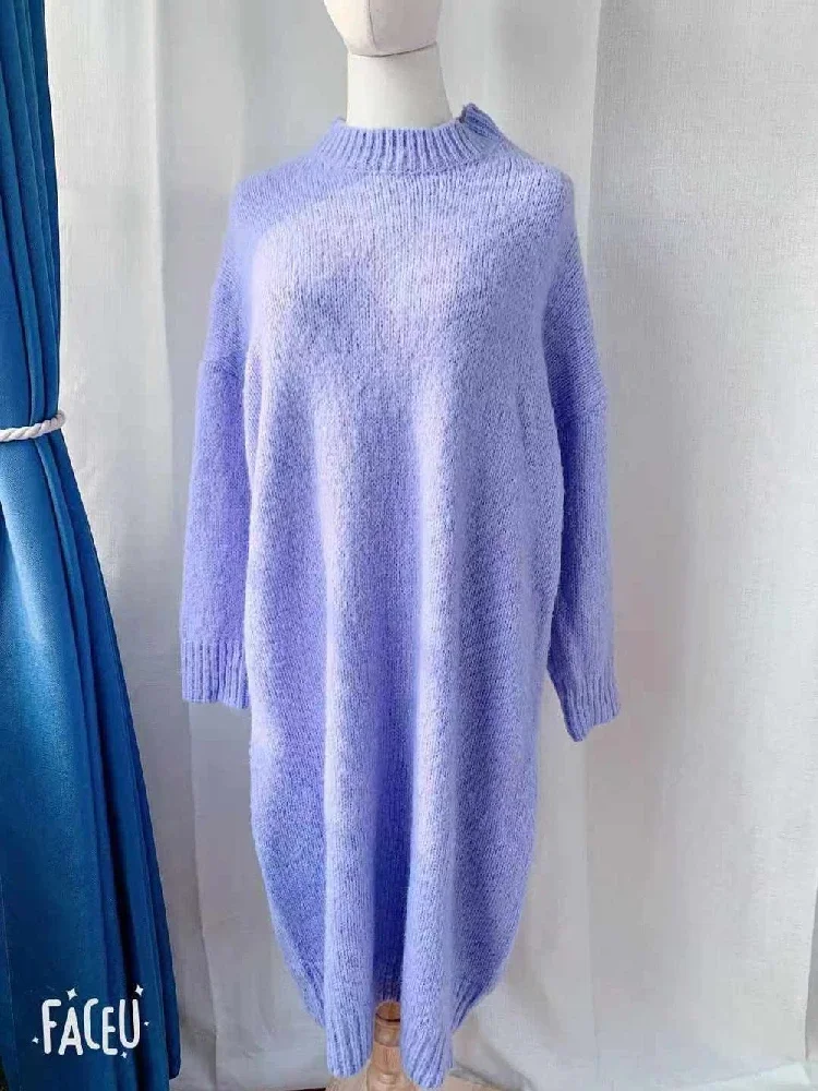 Robe pull à manches longues pour femme, tenue Maxi Vintage, surdimensionnée, en tricot épais, violet chaud, collection automne hiver