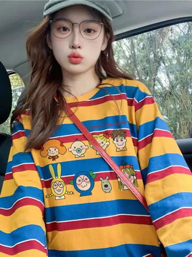 

Loose Long Sve Striped T-irt Women's Autumn New Sle Lazy Faion Couple Top Korean Sle Commute Wind Universal Size