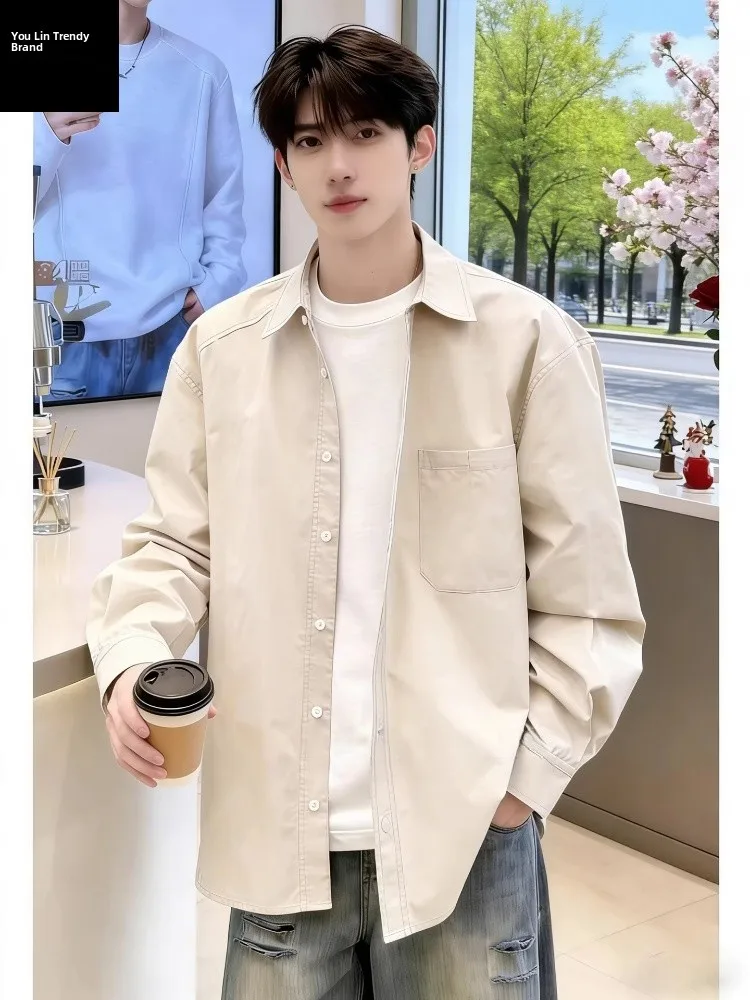 

Мужская повседневная рубашка из чистого хлопка цвета хаки с эффектом потертости, осенне-зимняя, для многослойных образов, молодежная, для отдыха, рубашка-куртка