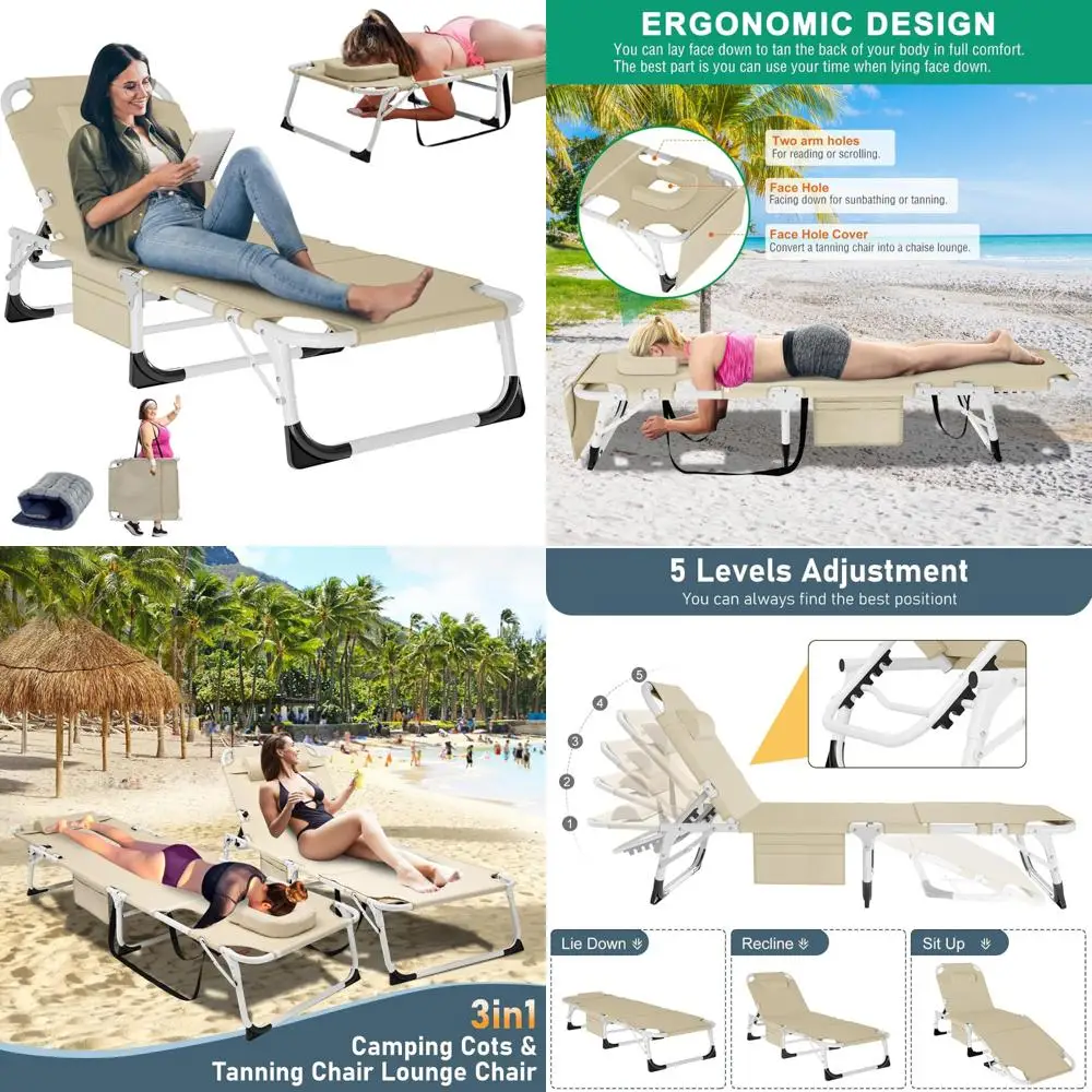 

Adjustable 5-Position Outdoor Folding Chaise Lounge Chair with Mattress and Face Hole for Patio Relaxation