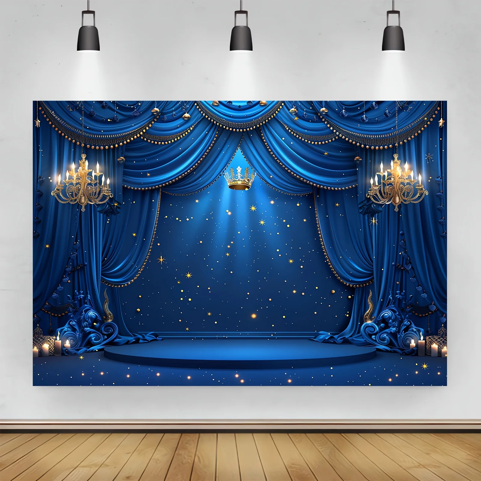 Royal blue and gold photography background with crown and stars - suitable for the Little Prince theme shoot