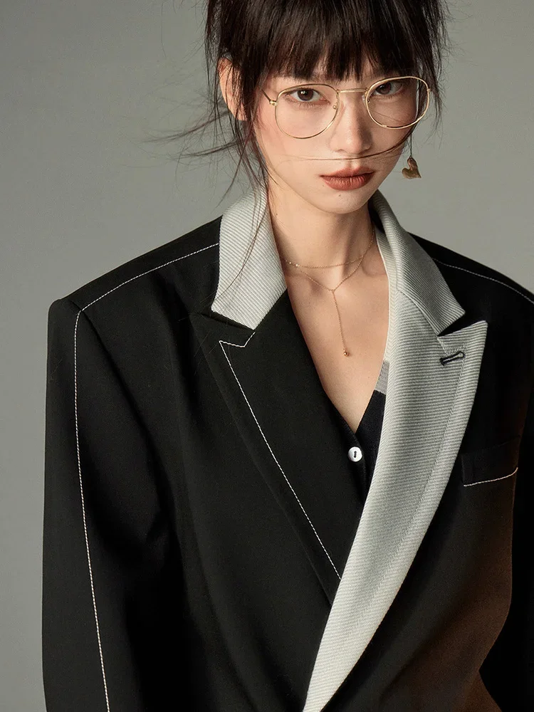 luxury Blazers Fashion Party Silhouette Waist-cinching Design Open-Line Black Slim-fit Suit Jackets for Women 2024 Spring Fall