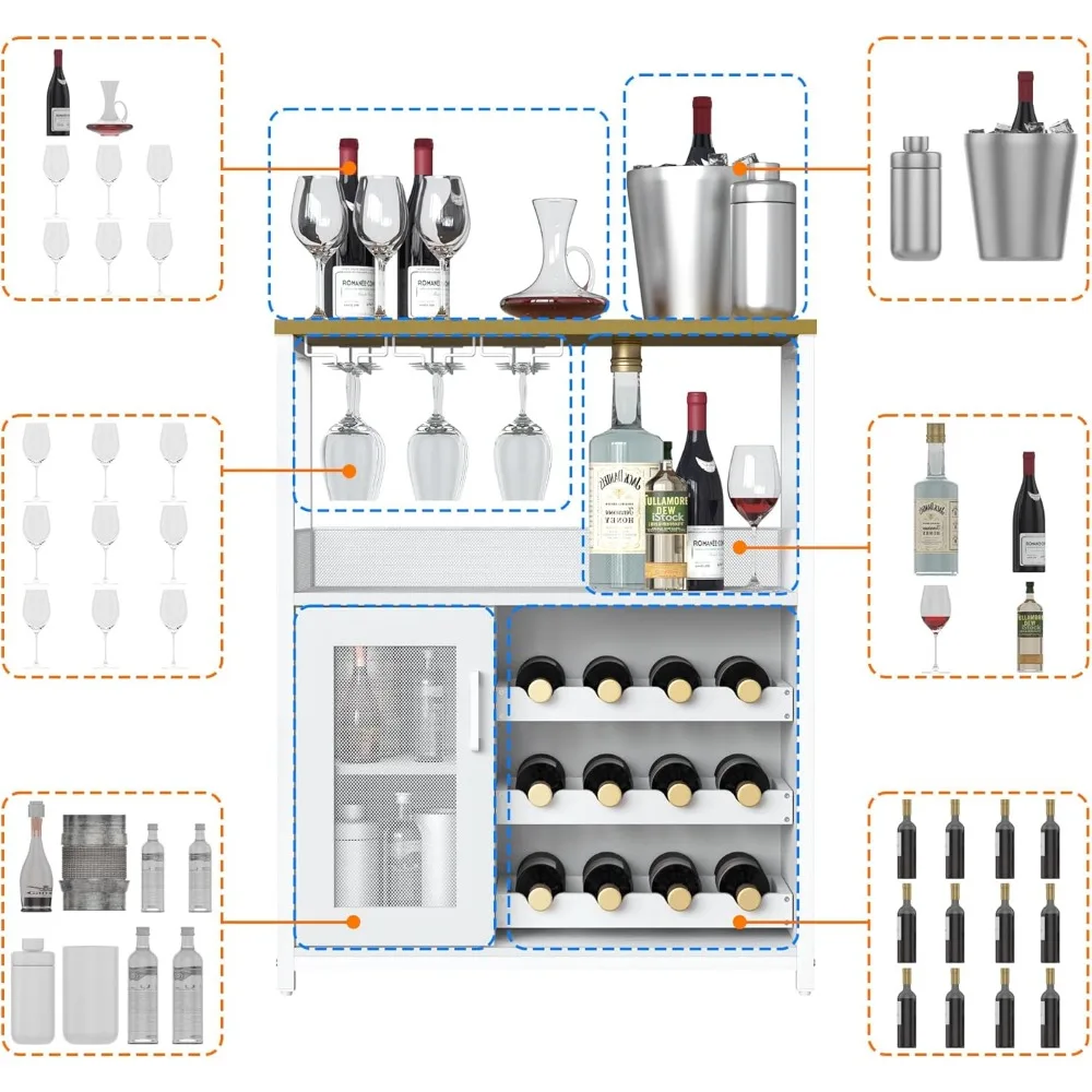 Armadietto da bar a 3 livelli con portabottiglie staccabile e spazio di archiviazione, armadietto a buffet con portabicchiere e porta a rete, per cucina