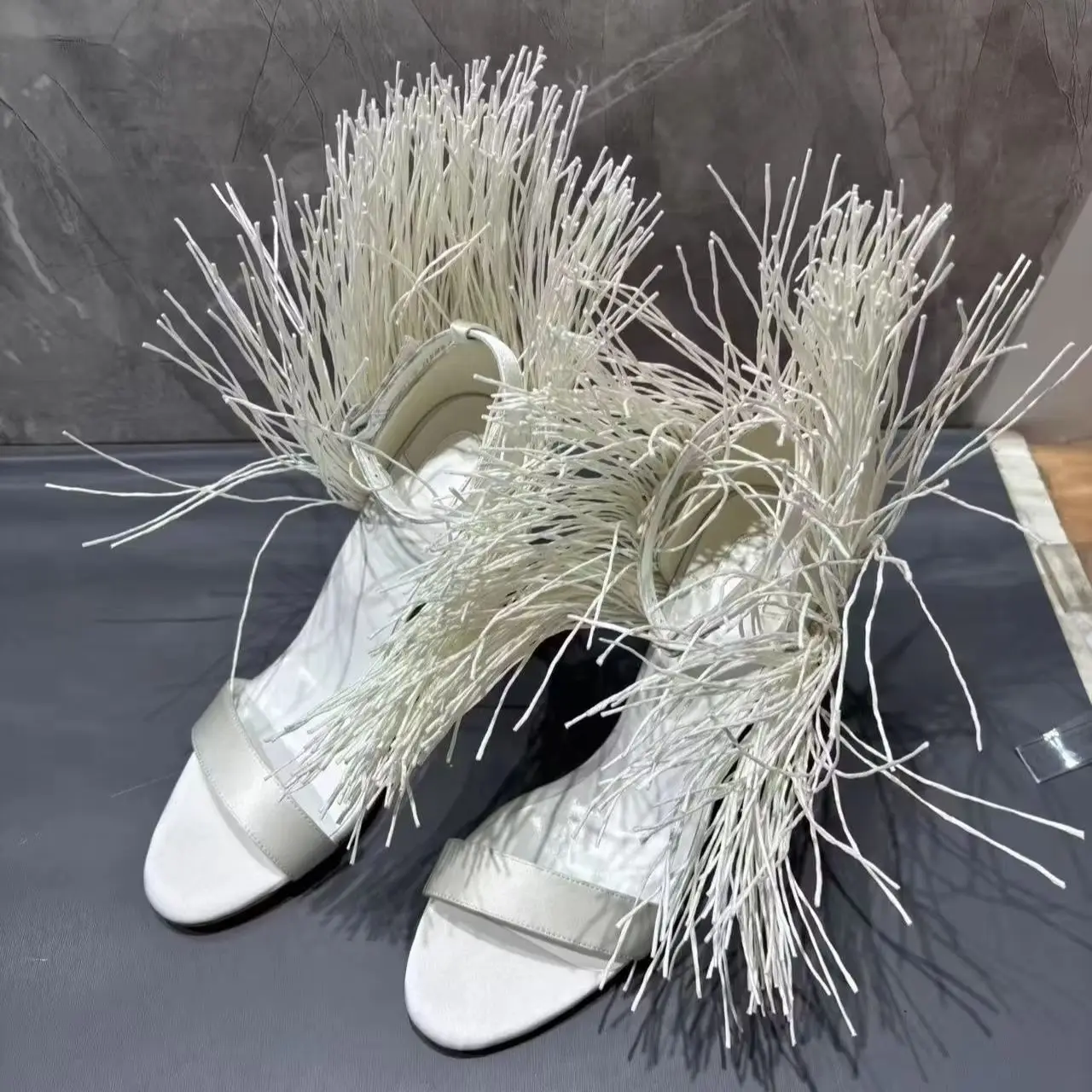 White Leather Women's Sandals Ankle Decorate Striking Raffia Grass Bouncy Ball Single Shoes Female Red Sole High Heels 36-42 New view 6