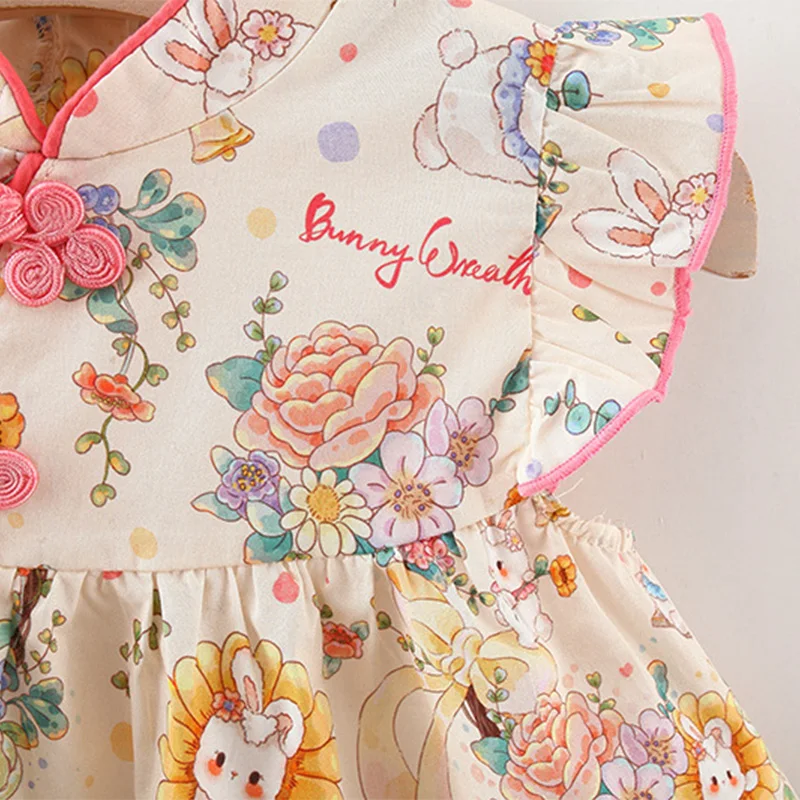 Summer New Baby Girls Dress Cheongsam Chinese Style Bunny Flower Pattern Small Flying Sleeves Sweet Princess Dress Birthday Part