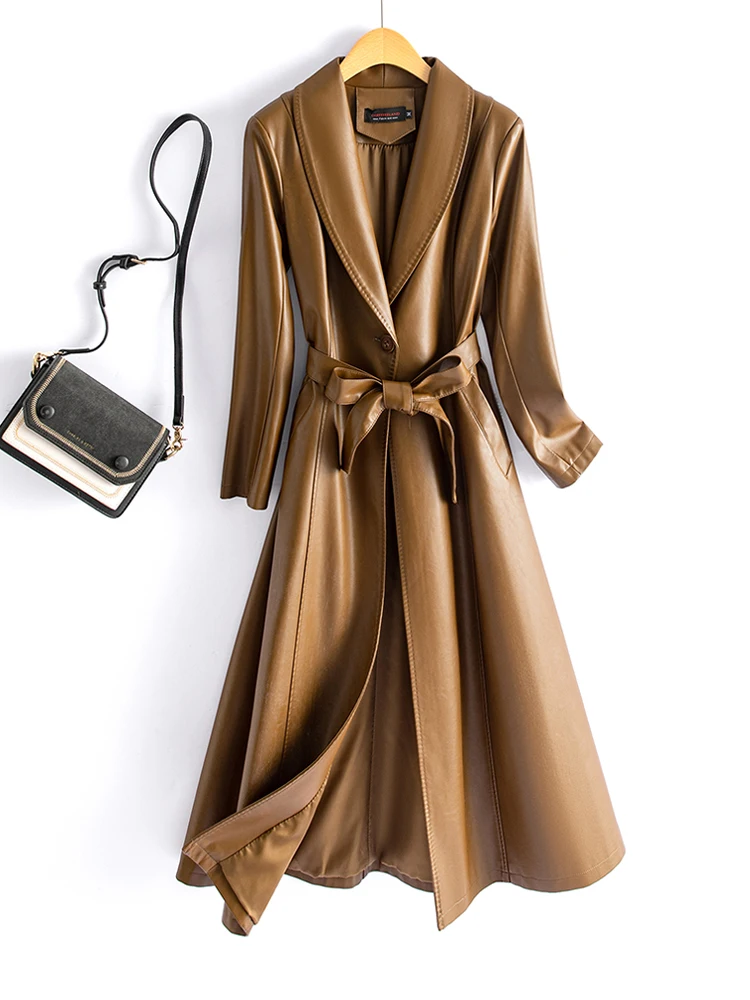 2025年春 レディース 本革シープスキンコート スリムフィット ベルト付き ウィンドブレーカー ジャケット ロングスリーブ ビジネススタイル