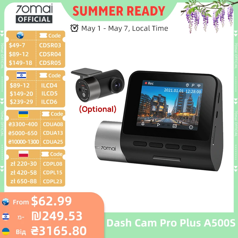 70mai Dash Cam Pro Plus A500S 1944P ADAS GPS Camera 70mai Front Cam A500S 140FOV Car DVR 24H Parking Support Rear Interior Cam