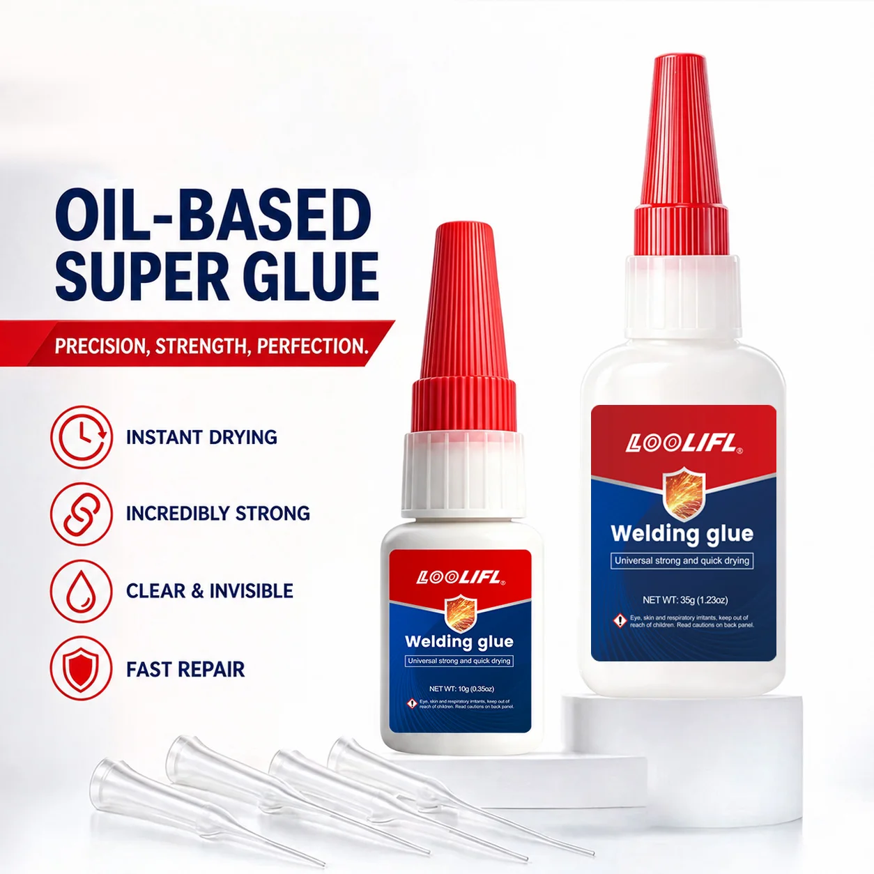 Ultra-Fast Oil-Based Glue, Universal Cyanoacrylate Adhesive, 35g Anti-Clogging Bottle Cap + Precision Micro Dispensing Tip, Low-Flow Fast-Flow Formula; Suitable for Wood, Shoe Materials, Ceramics, Plastics, 3D Printed Parts, Glass, Models, and Handicrafts