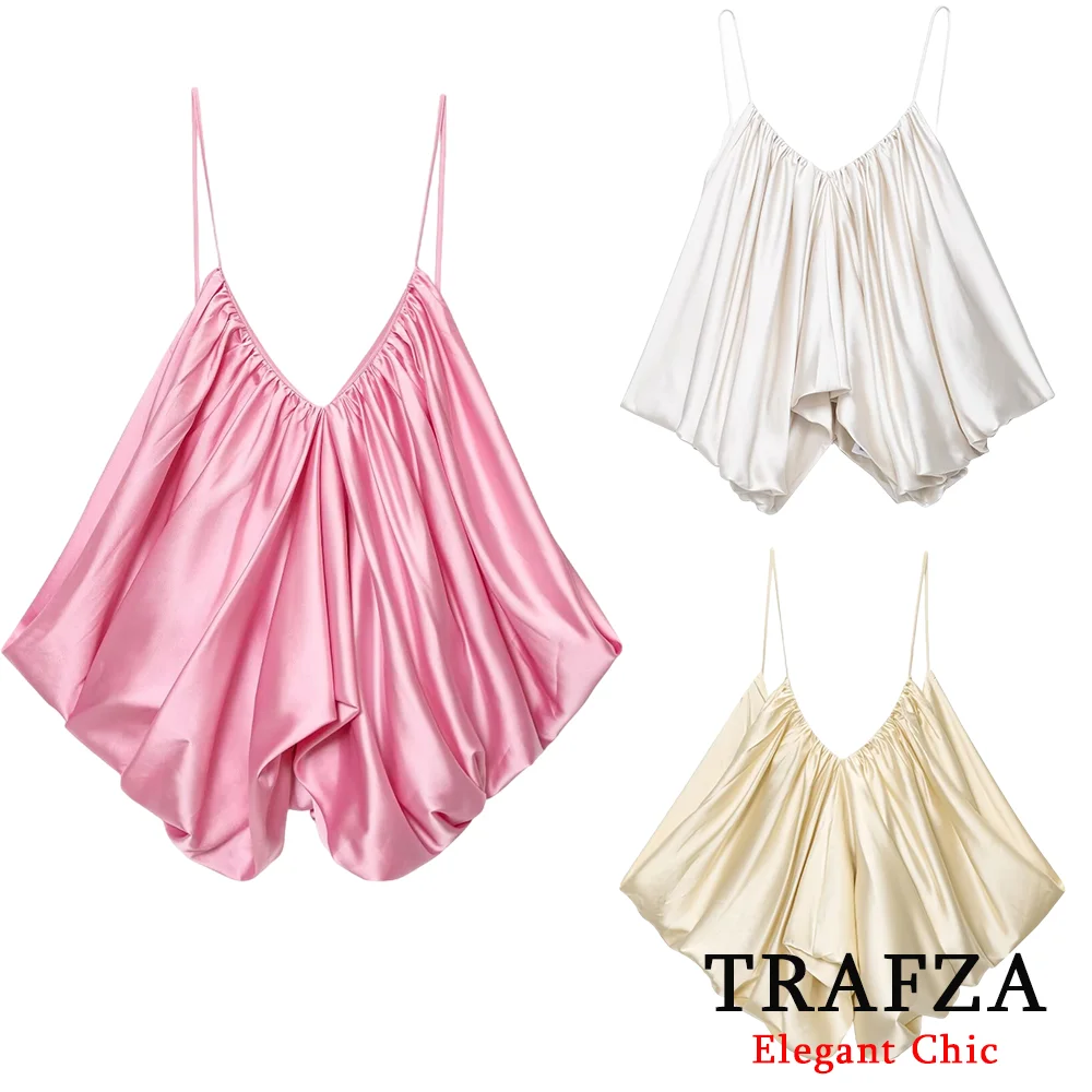 

KONDALA Women Sexy Satin Pink Yellow Cami Top Women's Chic V-neck Pleated Tops 2025 Summer Fashion Holiday Party Beach Loose Top